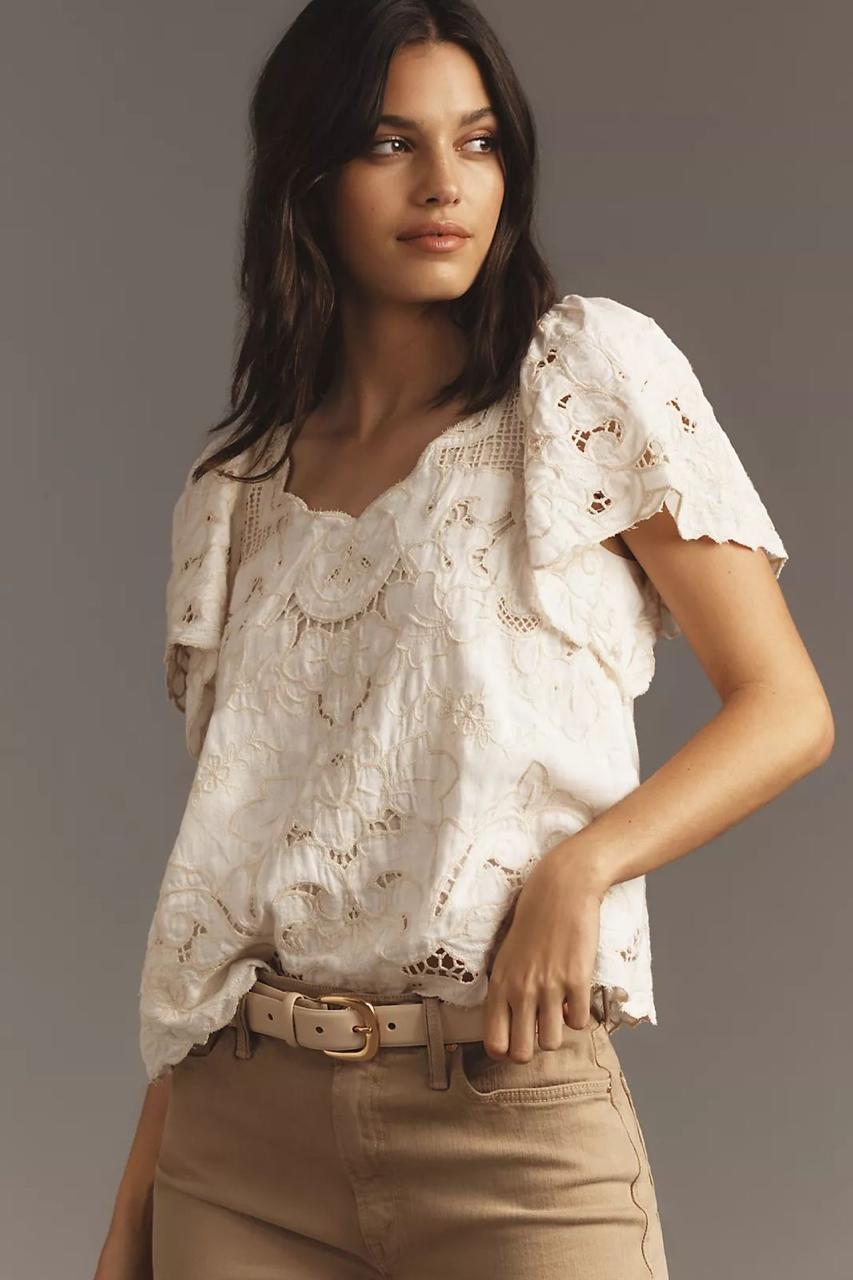 ANT Ecru White Linen Cutwork Embroideried Top