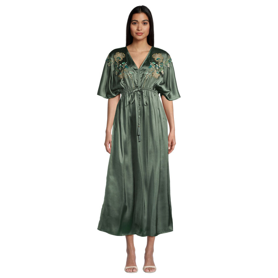 WM Green Satin Kaftan Ebroidery Dress
