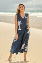 BBird Navy blue linen wrap jumpsuit