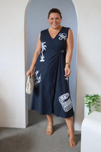BBird Navy blue linen wrap jumpsuit
