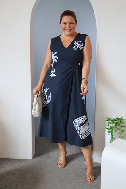 BBird Navy blue linen wrap jumpsuit