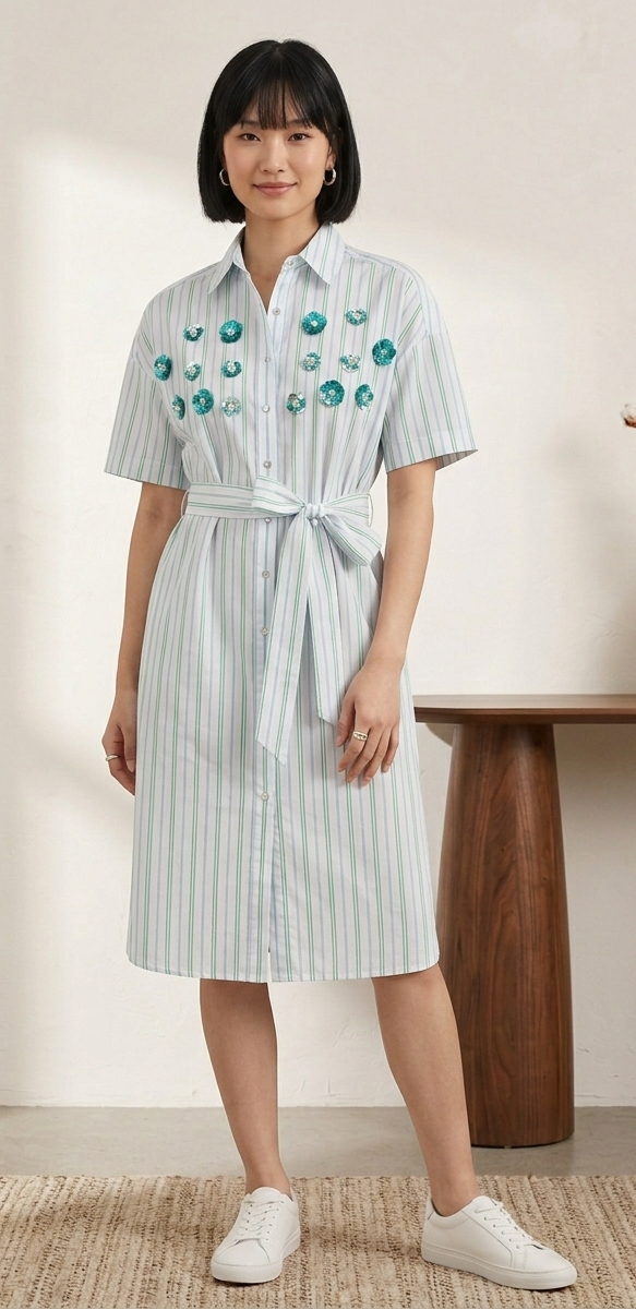 Green stripes embellished shirt dress