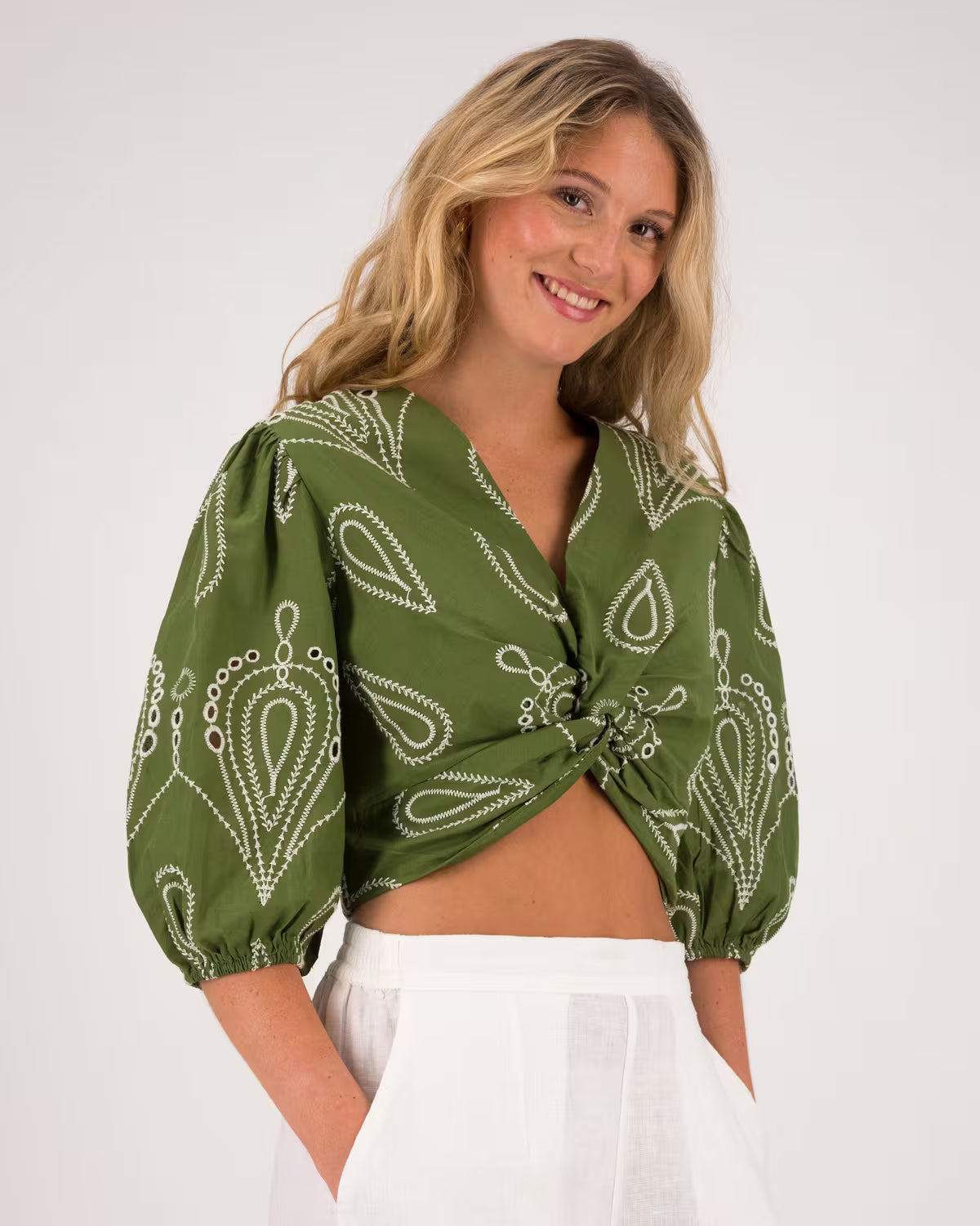 Green embroideried front knot top