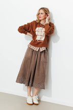 PRD Brown Cutwork Embroideried Denim Skirt
