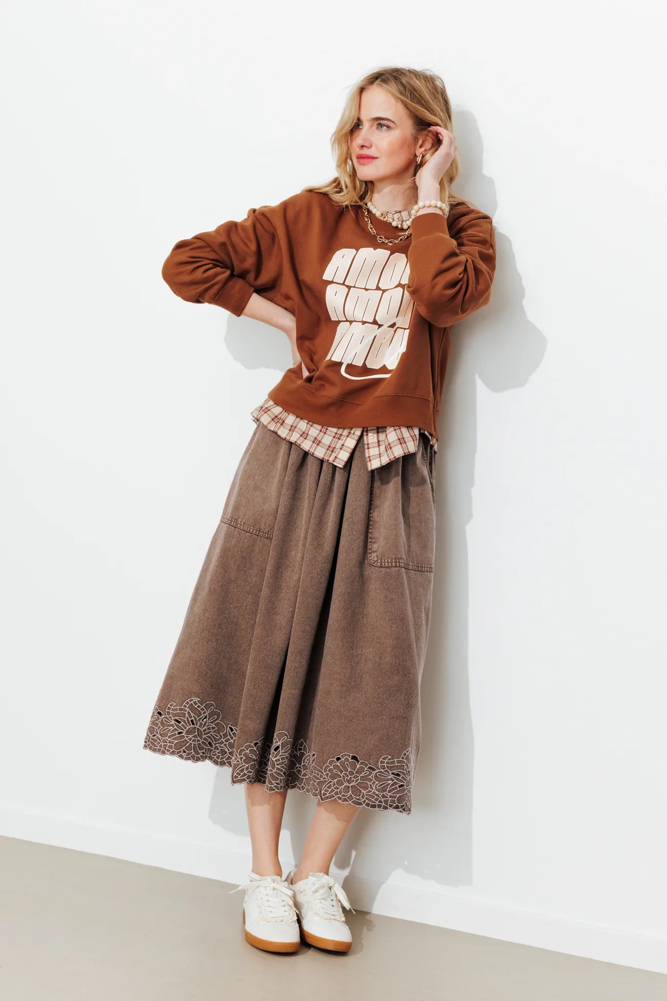 PRD Brown Cutwork Embroideried Denim Skirt