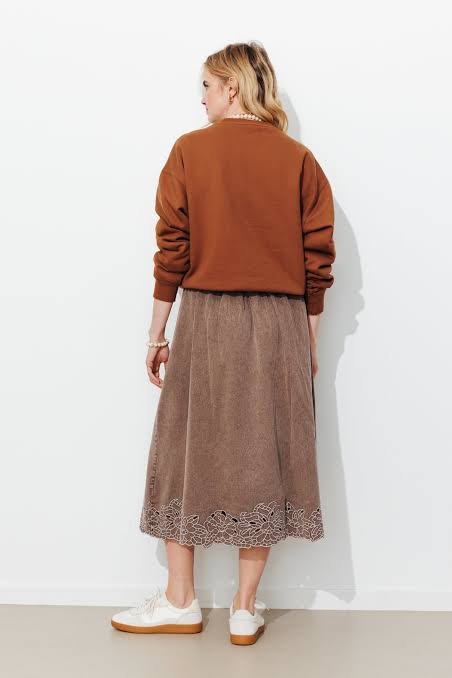 PRD Brown Cutwork Embroideried Denim Skirt