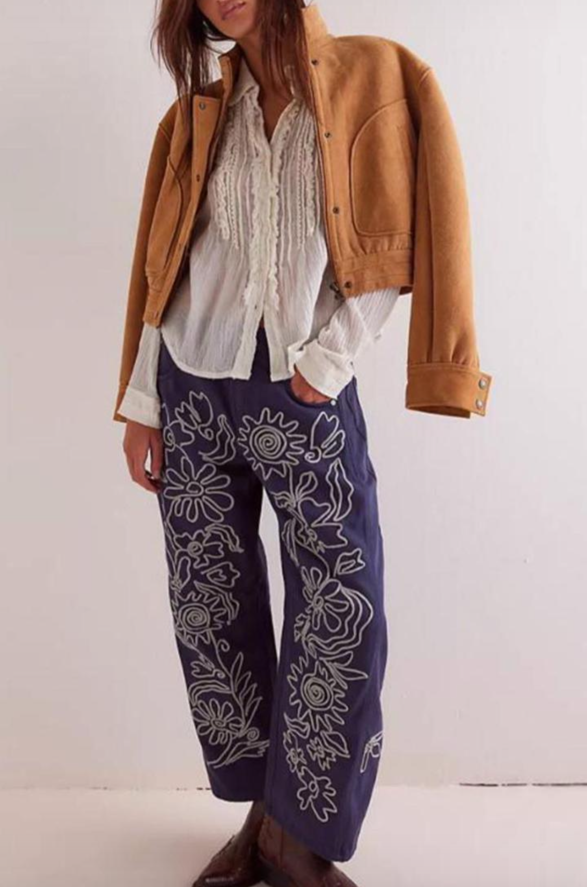 FP Blue Embroideried Barrel Jeans
