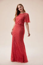 Tomato Red Embroideried Sequins Beaded Dress