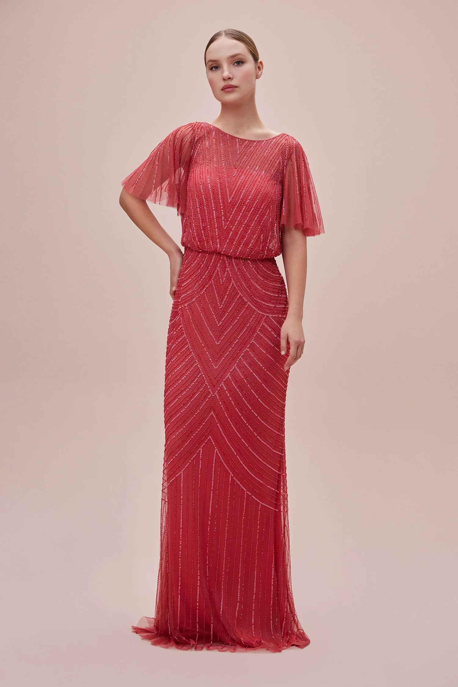 Tomato Red Embroideried Sequins Beaded Dress