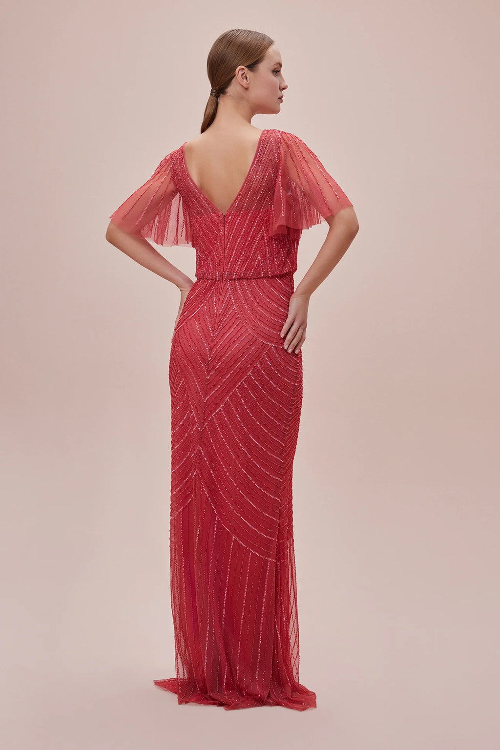 Tomato Red Embroideried Sequins Beaded Dress