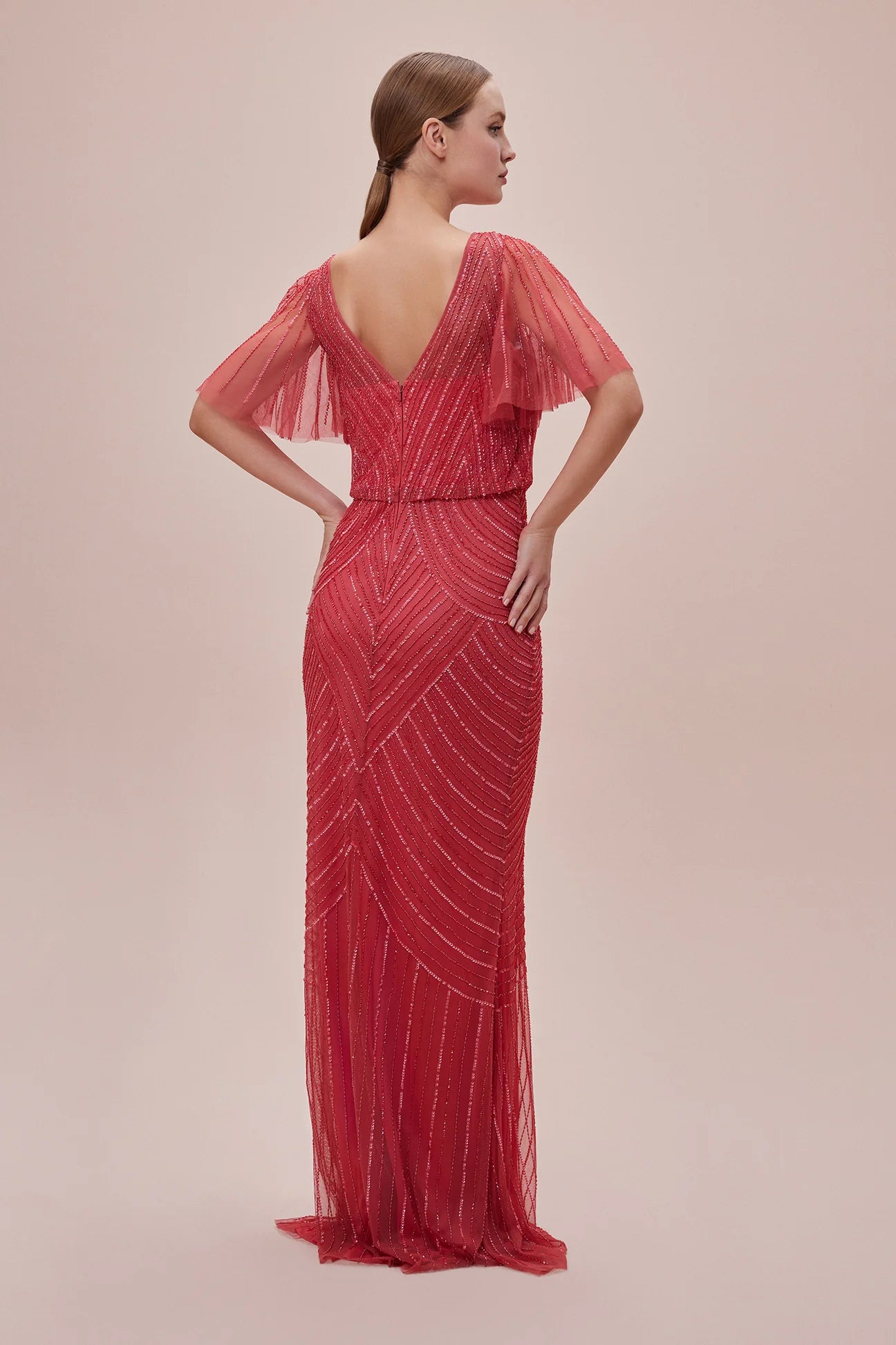 Tomato Red Embroideried Sequins Beaded Dress