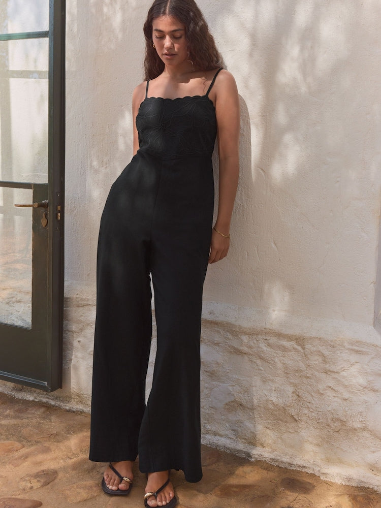 NXT Black Linen Embroideried Jumpsuit