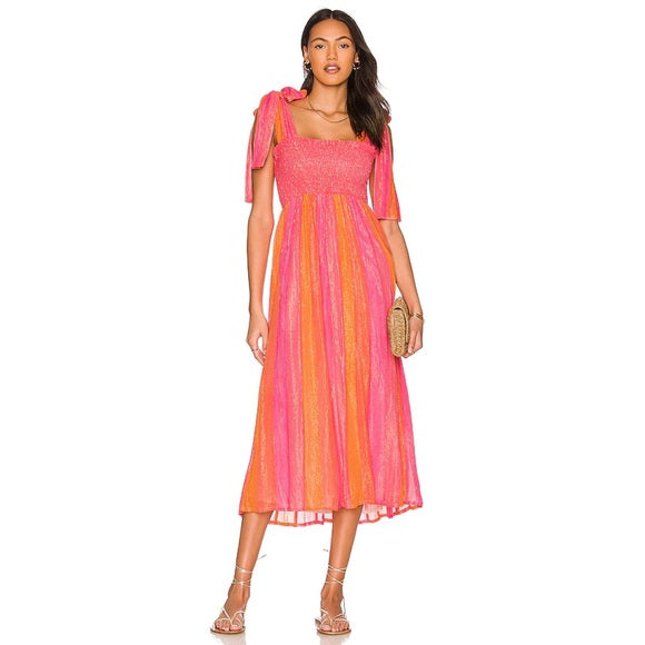 SD Pink Orange Stripes Georgette Lurex Dress